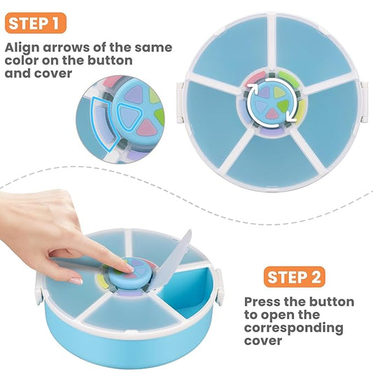 Snack Rotator Container Reusable Snack Box with 5 Compartment Dispenser and Lid, Color Matching Opening Lid, BPA and PVC Free, for Home, School, Travel (2 Pack- Blue)