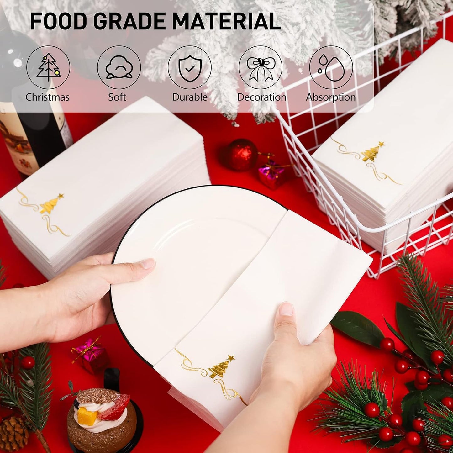 100 Pack Christmas Disposable Guest Napkins 12 x 17 Inch Gold Foil Christmas Trees Napkins Xmas Tree Hand Towels for Bathroom Kitchen Weddings Christmas Holiday Party