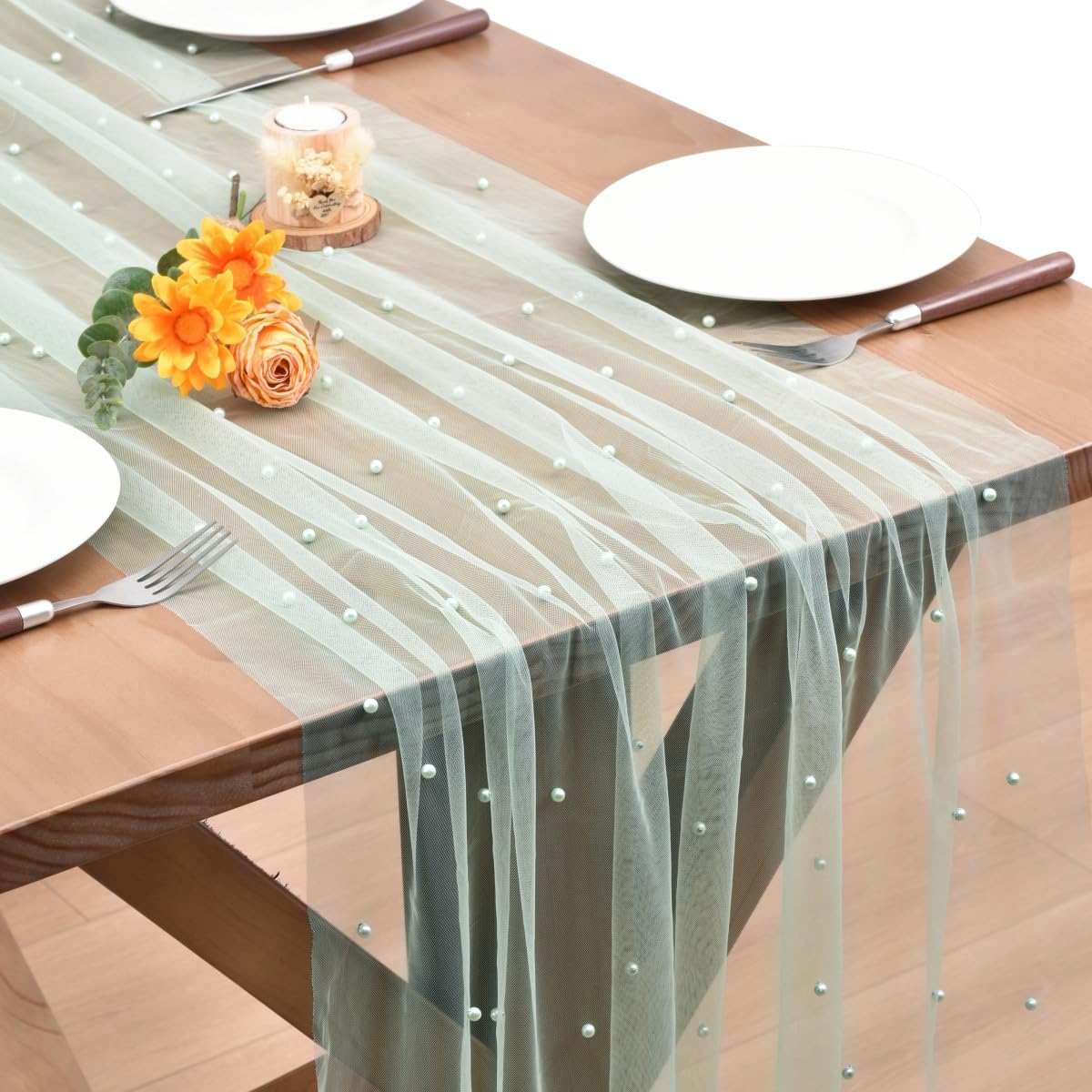 Sage Green Pearl Fall Thanksgiving Table Runner Boho Rustic Tulle Lace Table Runner for Baby Shower Wedding Arch Decor Veil Dessert Table Decor 3pcs