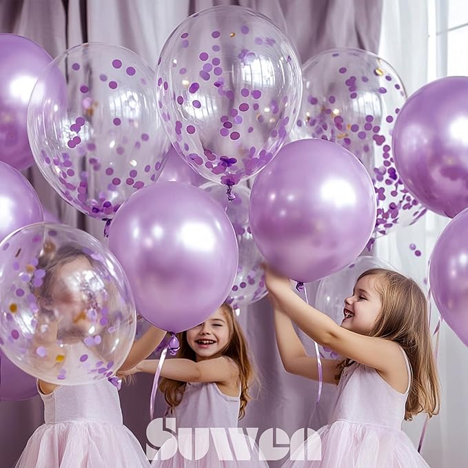 SUWEN Metallic Lavender Balloons and Confetti Balloons Set 47PCS Latex Helium Chrome Light Purple Balloon for Birthday Anniversary Party Decorations