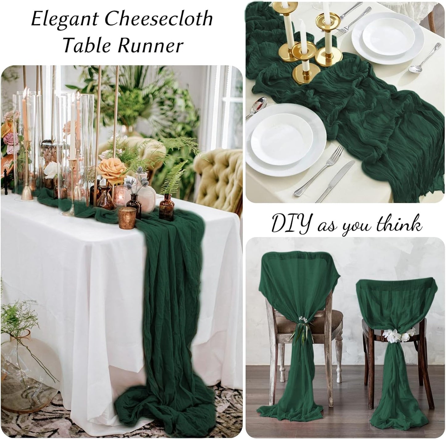 12 Pack Emerald Green Table Runners 10FT Cheesecloth Table Runner 21x120 inch Boho Gauze Cheese Cloth Table Runner Rustic Sheer Table Runners for Party Wedding Bridal Baby Shower Birthday Table Decor