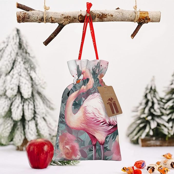 QSMJKLD Drawstring Christmas Gift Bags Vintage Boho Flamingo Florals Gift Bag Burlap Xmas Candy Pouch Reusable Christmas Wrapping Bag Xmas Party Favor Bags for Holiday Wrapping Presents Medium