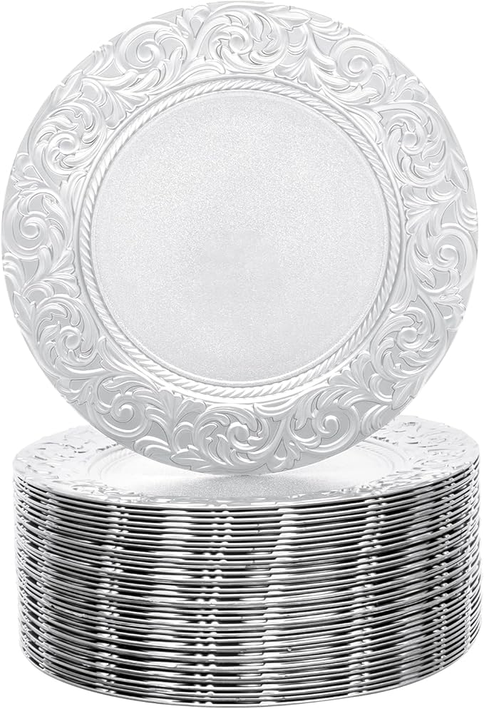 100 Pcs Silver Charger Plates Bulk, 13 In Round Charger Plates, Reusable Serving Silver Plate Chargers with Plastic Embossed Patterns for Wedding Dinner Party Event Decor