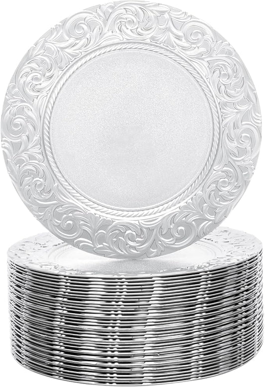 100 Pcs Silver Charger Plates Bulk, 13 In Round Charger Plates, Reusable Serving Silver Plate Chargers with Plastic Embossed Patterns for Wedding Dinner Party Event Decor