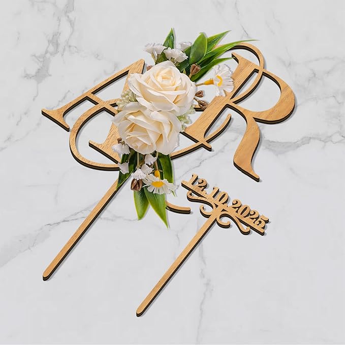 Personalized Wedding Cake Topper with 3D Artificial Flowers and Green Leaves Custom Initials Wooden Anniversary Cake Decoration