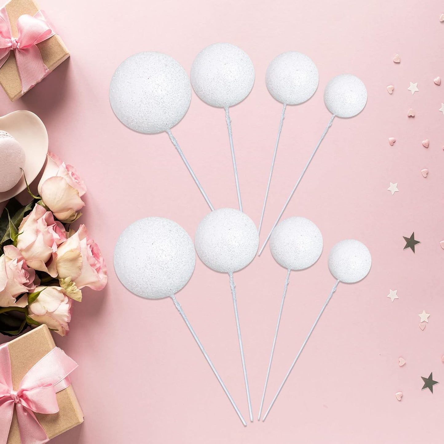 30Pcs Glitter Balls Cake Topper Foam Ball Cake Picks Mini Balloon DIY Cake Insert Topper Decoration for Baby Shower Wedding Anniversary Kids Birthday Graduation Party Cake Decorations White