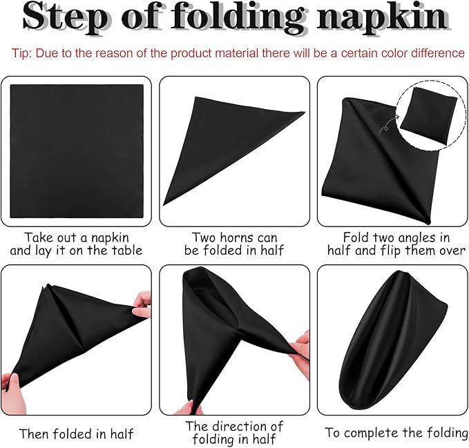 ANECO 12 Pieces Satin Napkins Soft Dinner Napkins Square Table Napkins 17 x 17 Inches for Restaurant Weddings Party Dinner Decoration (Black)