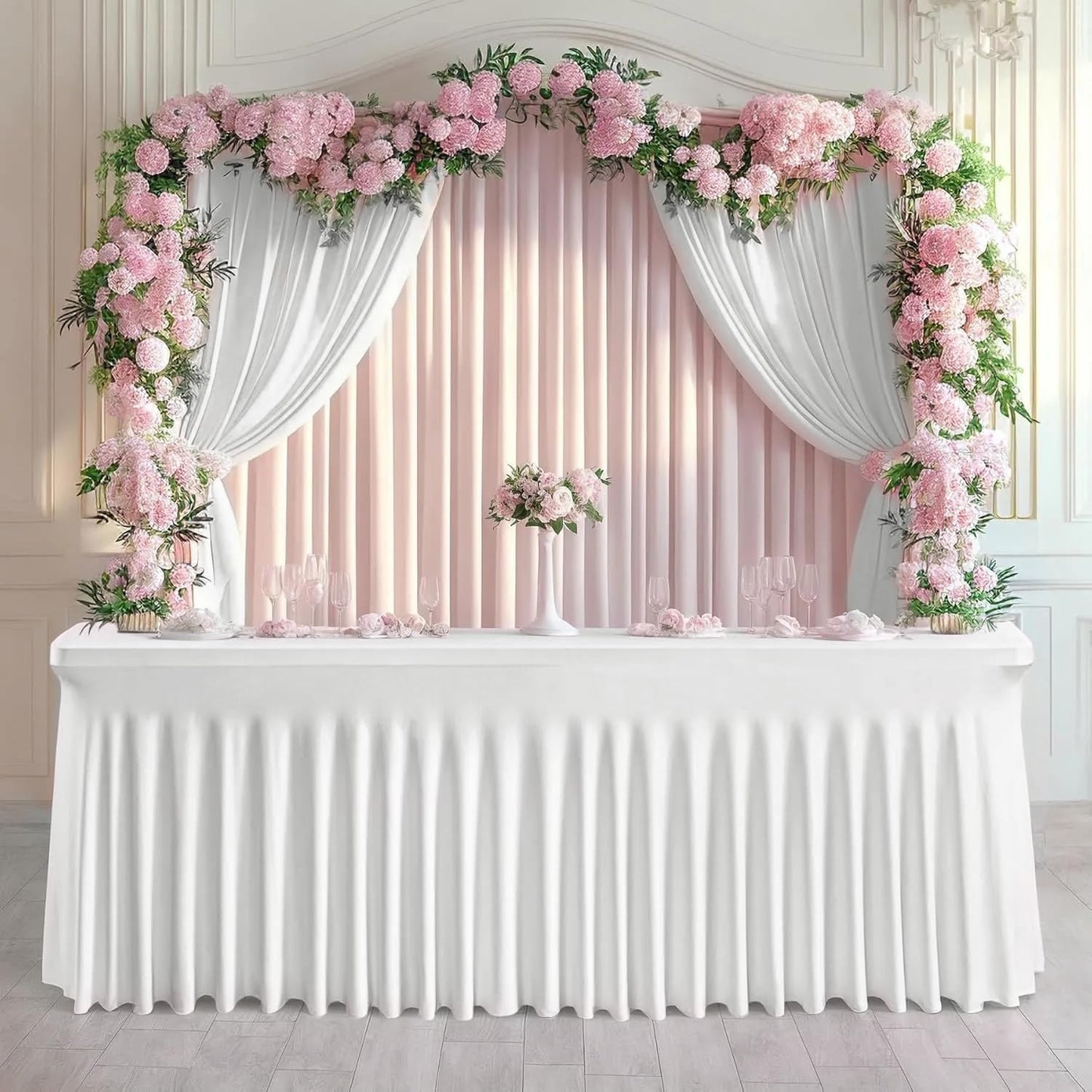 Table Skirt for 6ft Tables Spandex White Table Cover with Skirt 2Packs Stretchy Tablecloth Wrinkle-Resistant Ruffles Elastic Table Covers for Wedding, Banquet, Birthday Parties