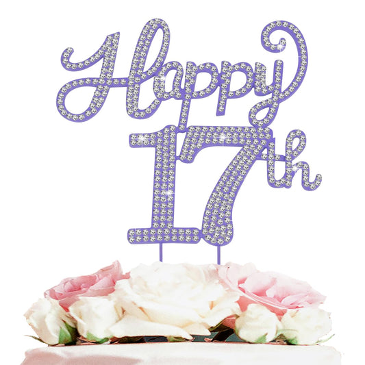 Happy 17th Birthday Purple Rhinestone Cake Topper - 17th Birthday/Anniversary,Cheers to Seventeen Years Old Bday Party Metal Sparkly Centerpieces Decorations.