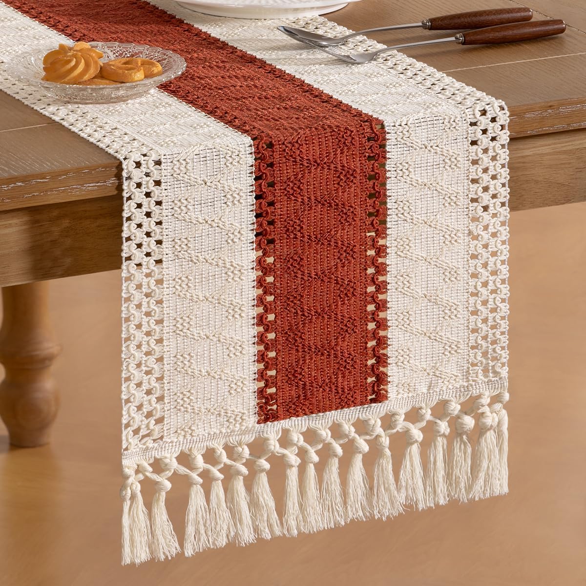 Socomi Boho Table Runner Macrame Long Fall Thanksgiving Farmhouse Woven Cotton Linen Rustic Coffee Table Runner with Tassels for Dresser Scarf Home Decor Dining Room 12x108 inch Terracotta Ivory
