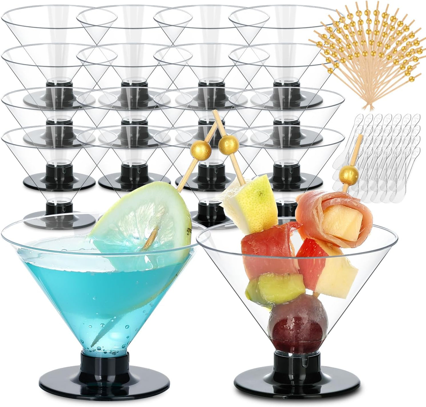 50 Pcs Mini Stemless Martini Glasses Set with 100 Cocktail Picks and 50 Mini Spoons, 5 oz Plastic Martini Glasses Disposable, Clear Martini Cups for Parties, Weddings,Holidays, Catering