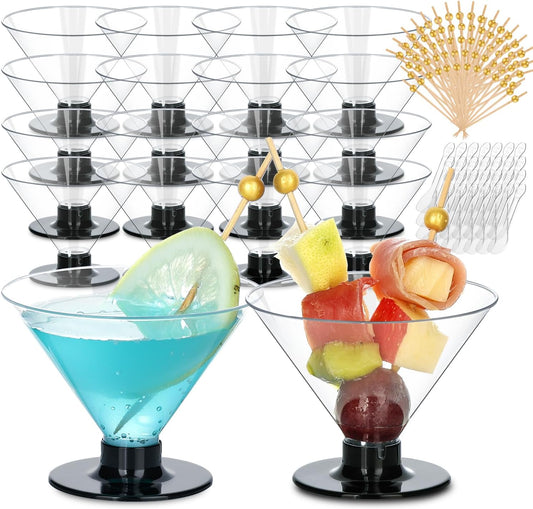 50 Pcs Mini Stemless Martini Glasses Set with 100 Cocktail Picks and 50 Mini Spoons, 5 oz Plastic Martini Glasses Disposable, Clear Martini Cups for Parties, Weddings,Holidays, Catering