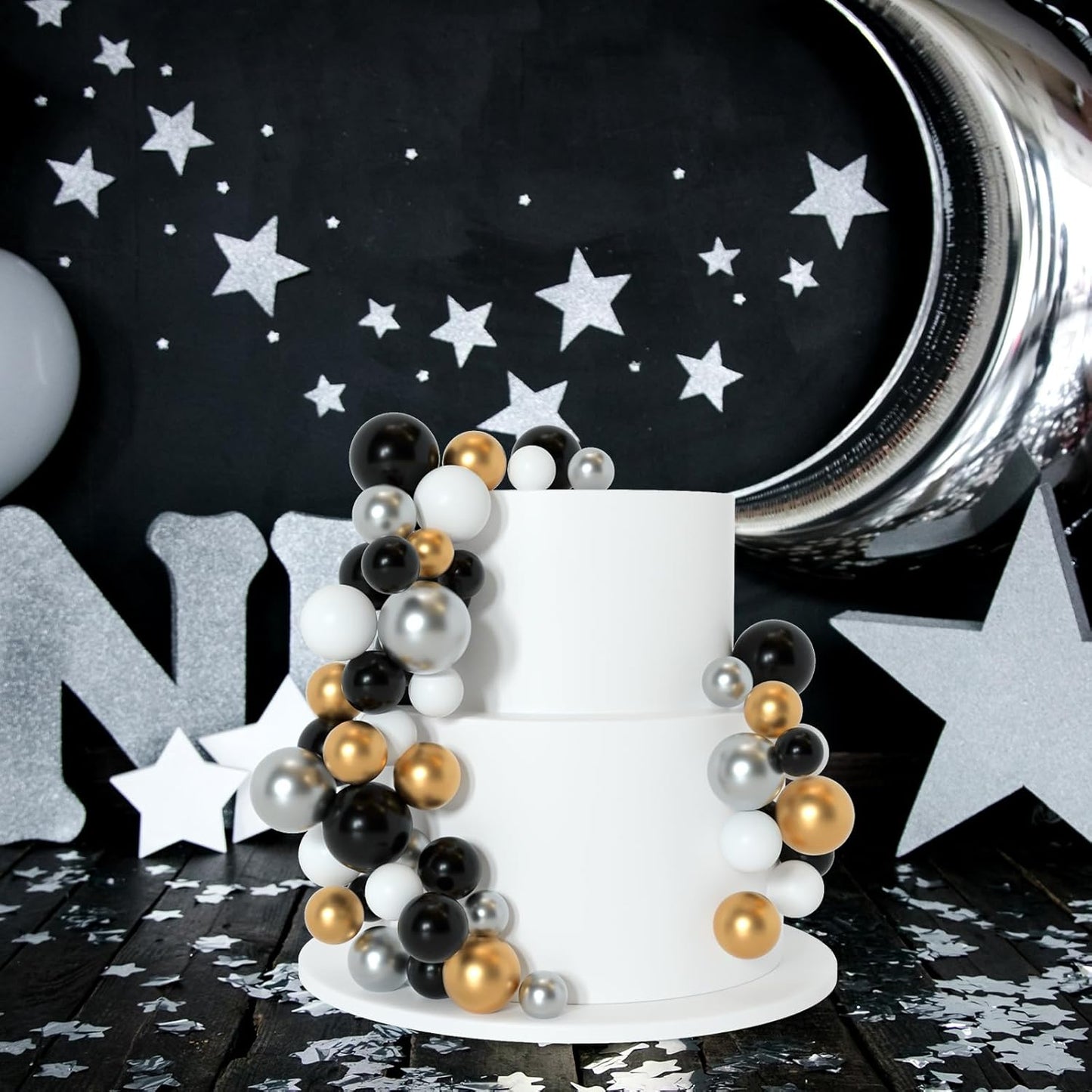 138 Pcs Black and Gold Balls Cake Topper Graduation Cake Decorations Balloon Cupcake Toppers Multisize Foam Cake Balls Decorations for Birthday Party Wedding Anniversary