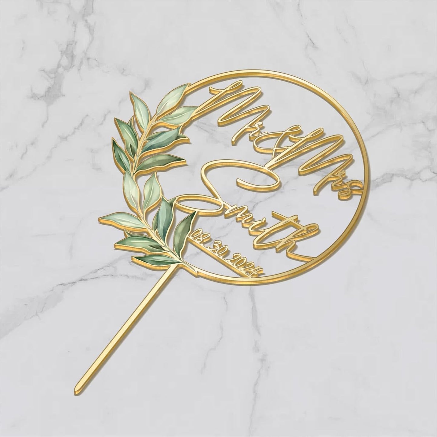 Mr & Mrs Wedding Cake Topper with Green Leaves Custom Last Name and Date Personalized Round Frame Cake Decoration in Acrylic and Wood