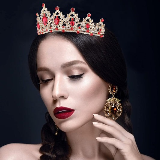 CAVETEE Gold Baroque Queen Crown for Women - Luxurious Red Rhinestones - Wedding, Prom, Christmas, Thanksgiving - 1 Count (Pack of 1) - Size: 15cm/5.9" Length, 5.8cm/2.3" Height