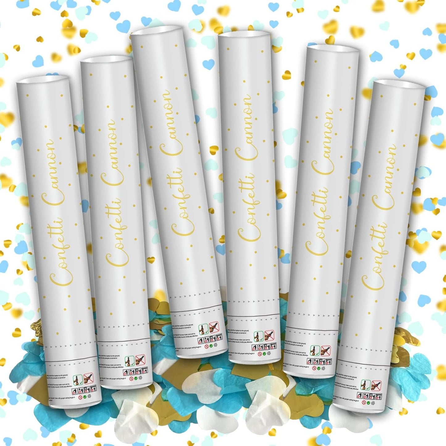 12" Confetti Cannons with Blue & Gold Heart Filling - Party Poppers for Gender Reveal Baby Shower Bridal Shower Valentine Wedding Anniversary - Easy to Use - Pack of 6