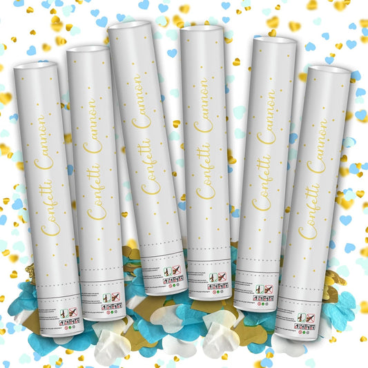 12" Confetti Cannons with Blue & Gold Heart Filling - Party Poppers for Gender Reveal Baby Shower Bridal Shower Valentine Wedding Anniversary - Easy to Use - Pack of 6