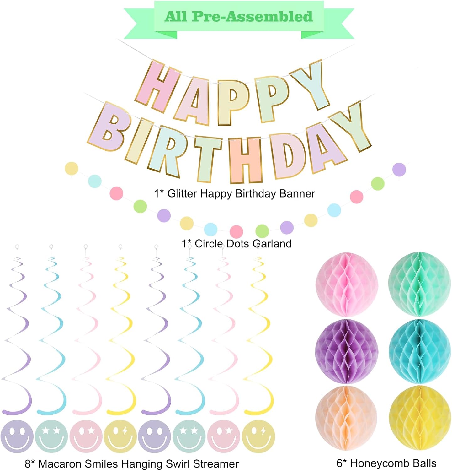 Birthday Decorations, NO DIY, Pre-Strung Happy Birthday Banner with Honeycomb Balls, Hanging Swirls, Circle Dots Garland, Happy Birthday Party Decorations for Women Men Boys Girls (Pastel)