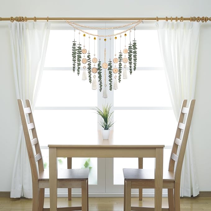 Artificial Hanging Eucalyptus Wall Decor Fake Plant Greenery Stems on 29" Sunflower Bead Garland Sage Green Boho Rustic Farmhouse Wall Art for Bathroom Bedroom Living Room