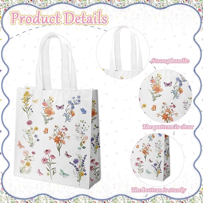 delaimastor 20pcs Wildflower Goodie Bags Floral Non Woven Tote Bags Reusable with Handles for Wedding Bridal Shower Bachelorette Birthday Tea Party 7.8x3.1x9.8 Inches