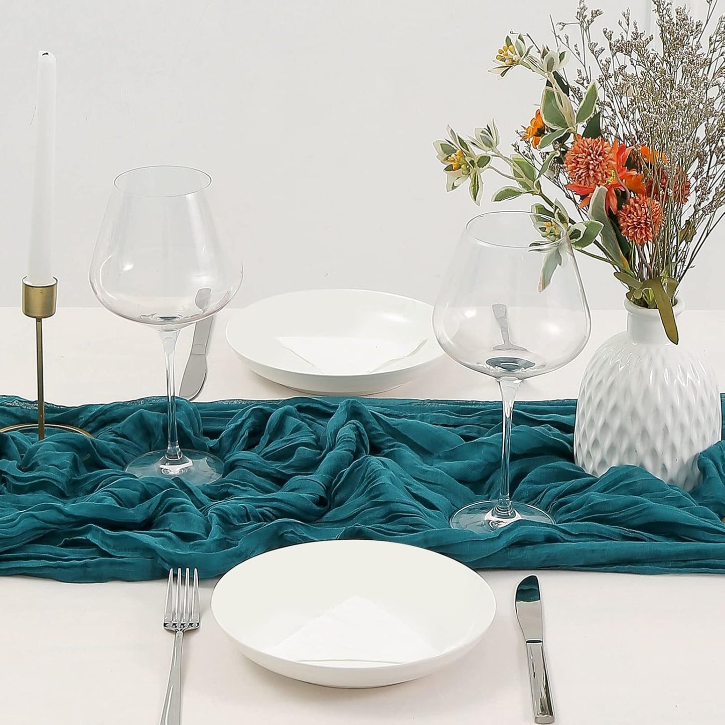 DOLOPL 8PCS Teal Cheesecloth Table Runner Bulk 13.3ft Boho Gauze Cheese Cloth Table Runner Rustic Sheer Runner 160inch Long for Wedding Bridal Baby Shower Birthday Party Cake Table Decorations