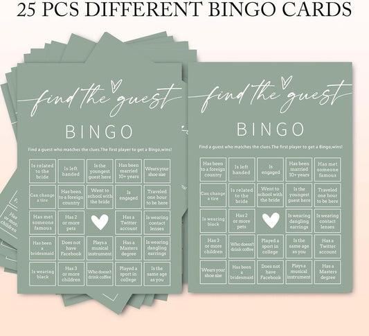 Bridal Shower Games Cards, 25Pcs Prefilled Find The Guest Bingo Game Cards, Engagement Party Games for Guests, Minimalist Green Wedding Party Supplies - C19