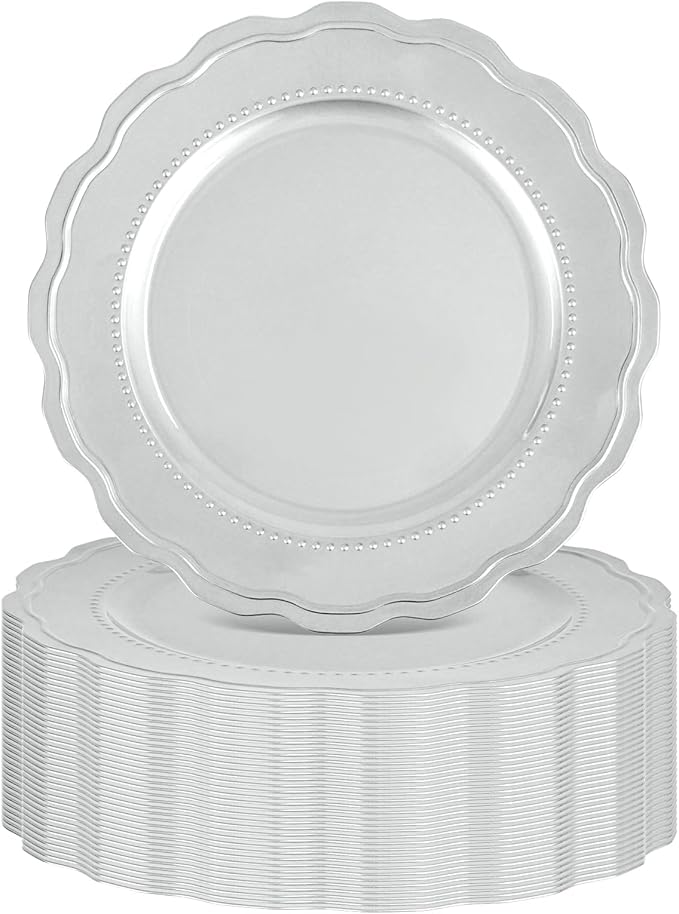 36 Pcs Silver Charger Plates with Wavy Edges, 13 Inch Round Bulk Charger Plate,Elegant Reusable Plastic Dinner Chargers Plates for Wedding Holiday Party Baby Shower Event Decoration (Silver)