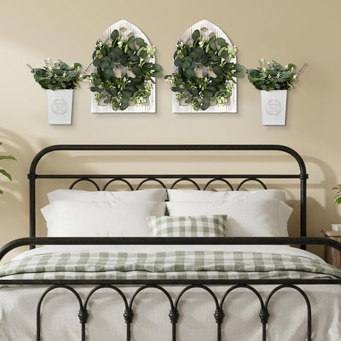 4 Sets 67 Pcs Farmhouse Wall Decor Set Rustic Window Frame Wall Decor with Eucalyptus Wreath and Metal Walls Planters Vintage Farmhouse Walls Art for Living Room Entryway(Arched Cathedral)