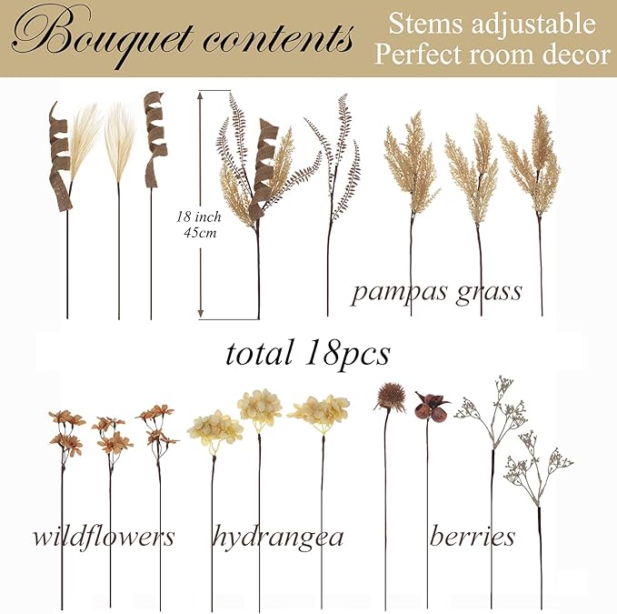 18Pcs Boho Faux Winter Fall Dried Pampas Grass Silk Hydrangea Flowers Bouquets Fall Decor, Fake Autumn Thanksgiving Harvest Stems Fall Picks Branches Floral Arrangements for Vase 18"
