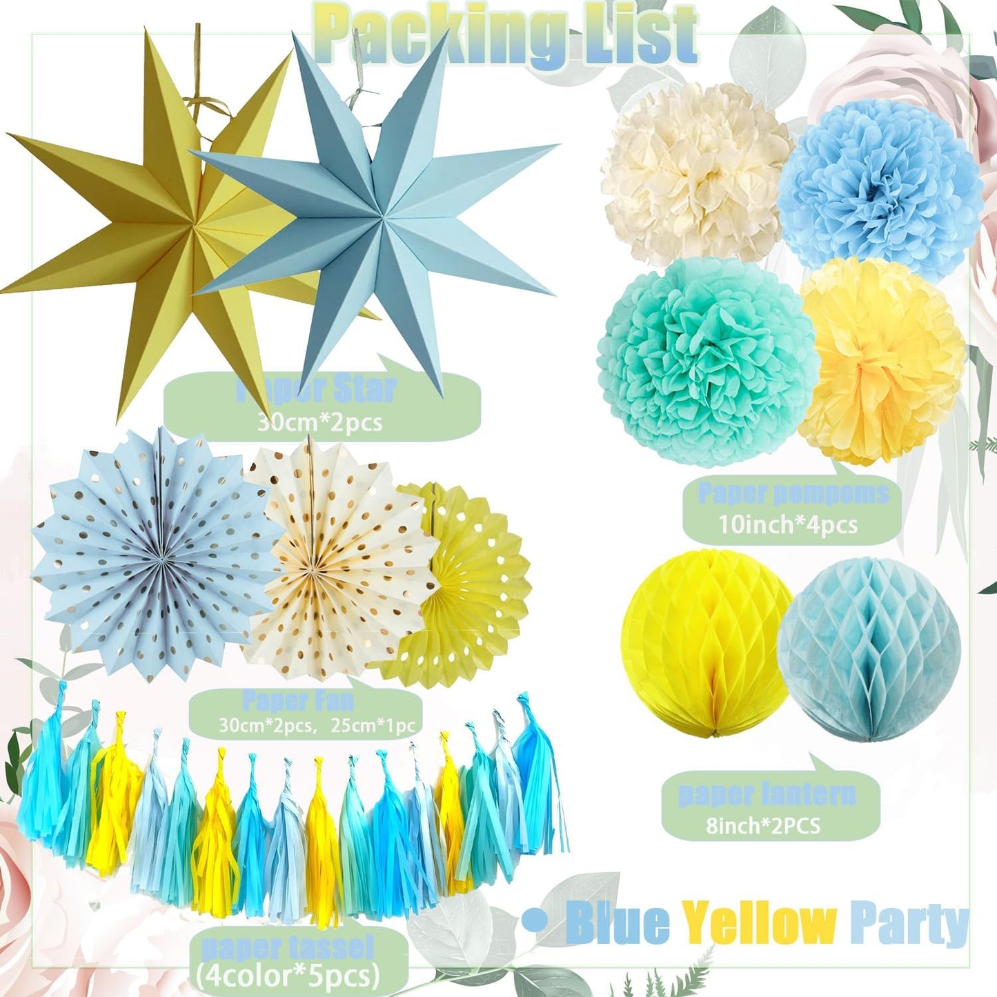 Blue Yellow Party Decorations, Blue Yellow Birthday Decoration,15PCS Blue Decorations for Women Men Girl Boy,Hanging Backdrop Decor for Bear Birthday,Winne Baby Shower,Bridal Shower,Garden Party