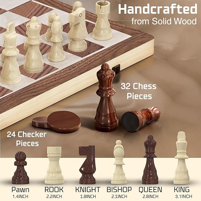 Wooden Magnetic Chess Set & Checkers Board Game, 15” Foldable Chess Board | Solid Wood 2-in-1 Board Game for Adults with Storage Box, 2 Extra Queens, Portable Travel Chess Set for Kids & Beginners