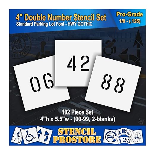 Pavement, Curb, and WheelStop Stencils - 4 inch Double Number Stencil Set - (00-99) - (102 Piece) - 4" x 5.5" x 1/8" (128 mil) - Pro-Grade