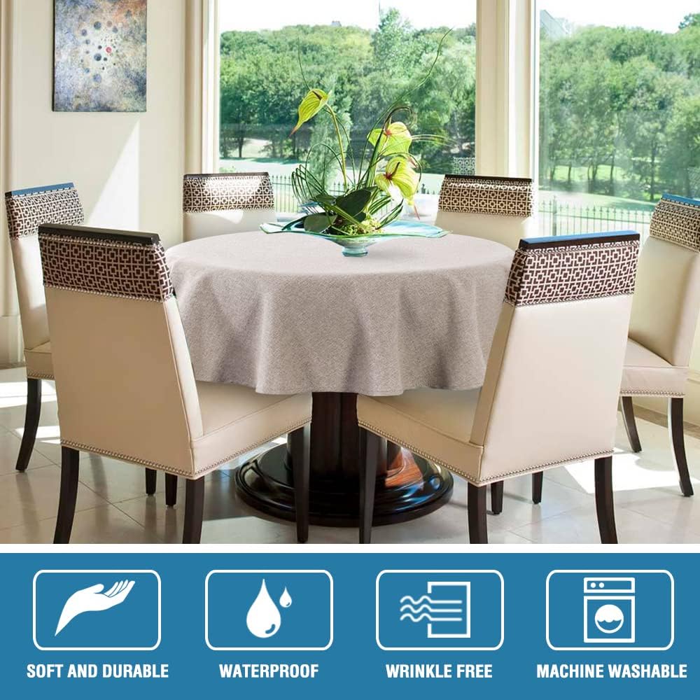 H.VERSAILTEX Linen Textured Tablecloth Round 60 inch Waterproof Decorative Table Cloth Spill-Proof Linen Look Cover for Party Table Extra Soft and Thick Fabric Wrinkle Free, Heather Sand