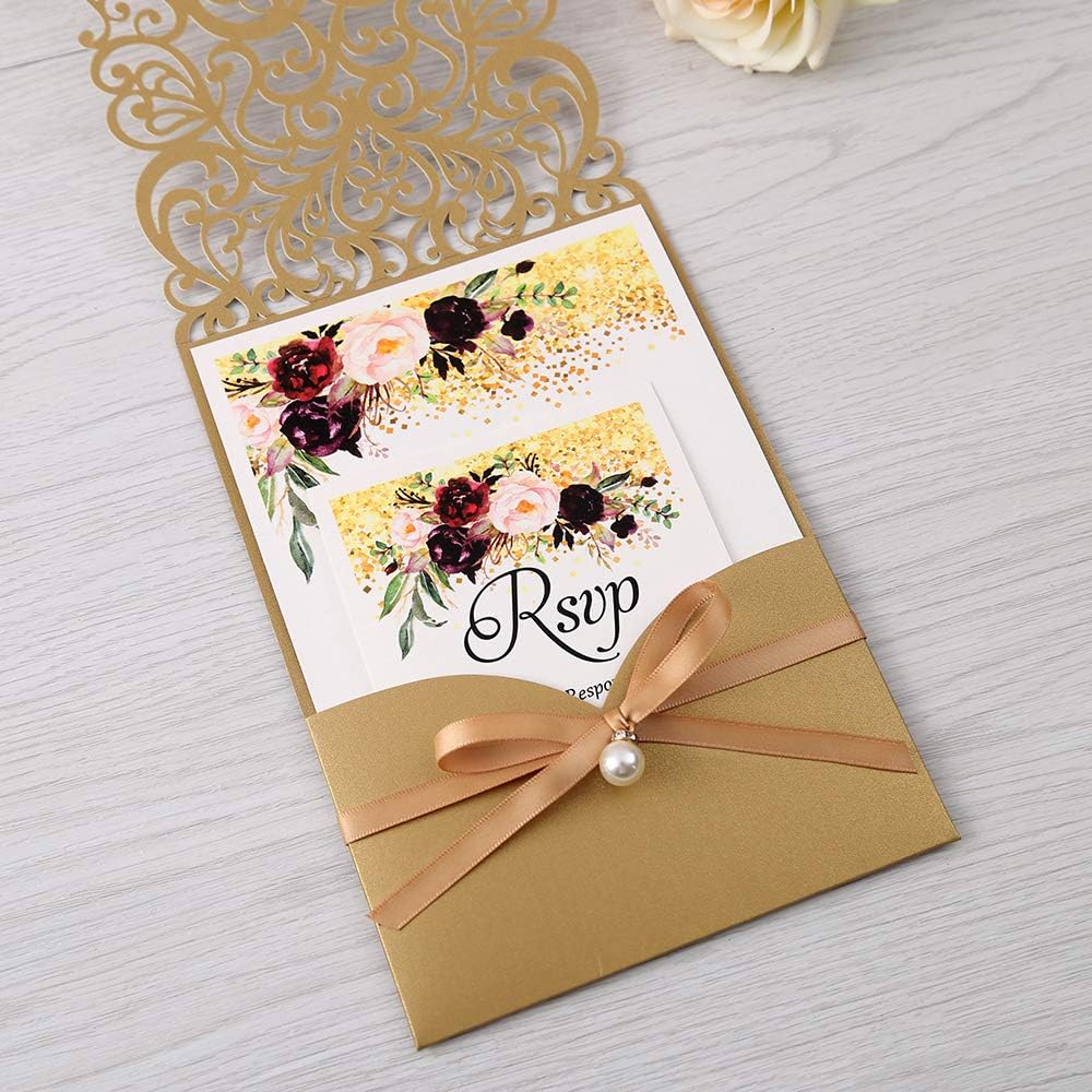 5X7.2 Inch 50PCS Personalized Laser Cut Gold Wedding Invitations With Rsvp Cards And Envelopes And Ribbon Belly Band Pearl Embellishments Wedding Invitation Cards For Wedding Invite