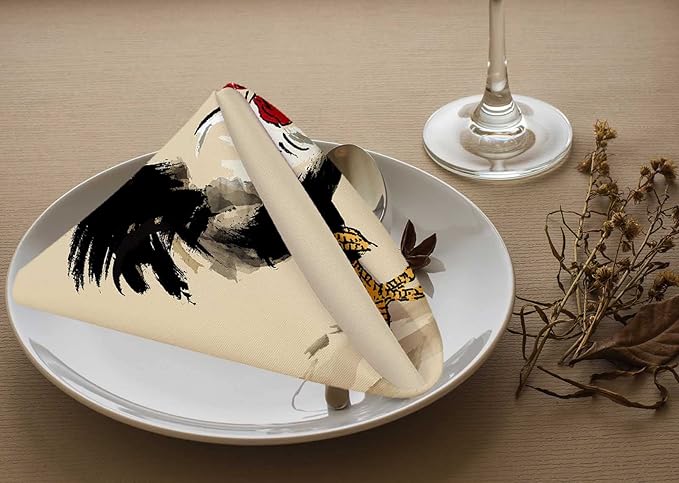 Yibeas Rooster Cloth Napkins Set of 4 Soft Chinese Ink Painting Black Feathers Chicken Male Cock Washable and Reusable Dinner Napkins for Weddings Parties 18 x 18 inch