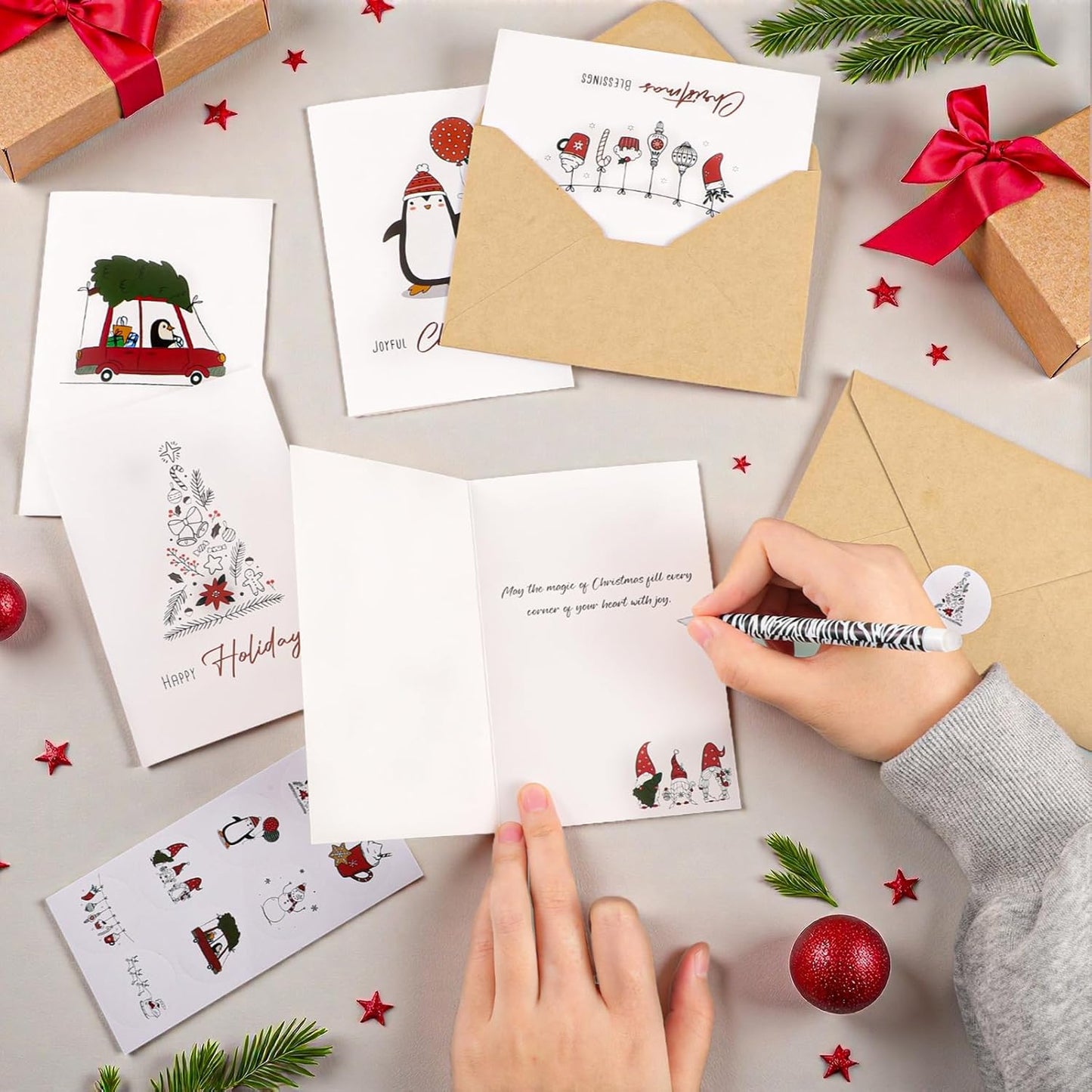 Christmas Cards with Envelopes, 24 Pack Merry Christmas Cards with Stickers, 8 Assorted Designs 4x6 Inch Happy Holidays Card New Year Greeting Card for Family, Friends, Boys & Girls