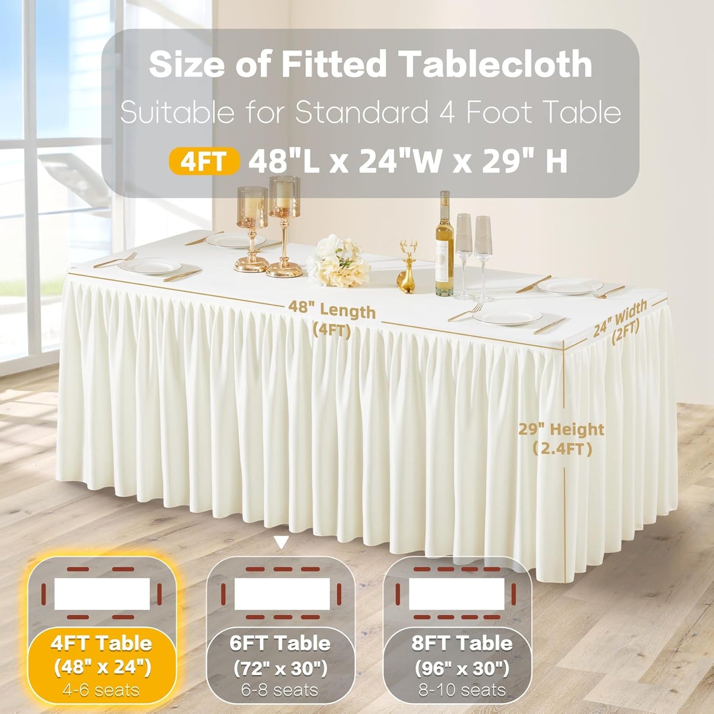 Cream White Polyester Table Clothes for 4 Foot Rectangle Tables, Wrinkle Free Fitted Table Cover with Pleated Ruffle Table Skirt for Birthday Party Wedding Trade Show Event Display