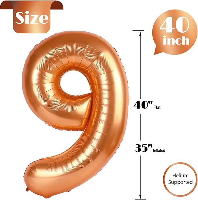 Orange Number 9 Balloon 40 Inch, 9th Birthday Party Decorations for Children, Giant 9 Foil Balloon for Party Supplies