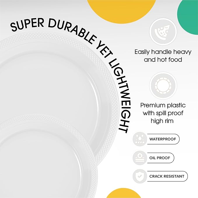 Party Solids White Plastic Plates For Party Supplies, White Disposable Plates 100 Pieces - 50-7" & 50-9" Heavy Duty 350 GSM Disposable Dinnerware Sets, Plastic Dinnerware Sets