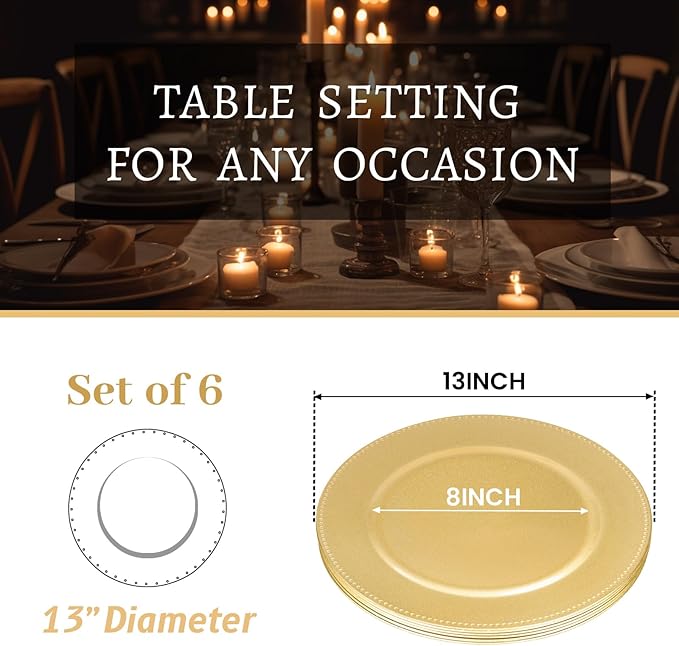 MAONAME 13" Gold Charger Plates Set of 6, Round Charger for Dinner Plates, Plate Chargers with Beaded Rim, Plastic Table Chargers for Wedding, Party