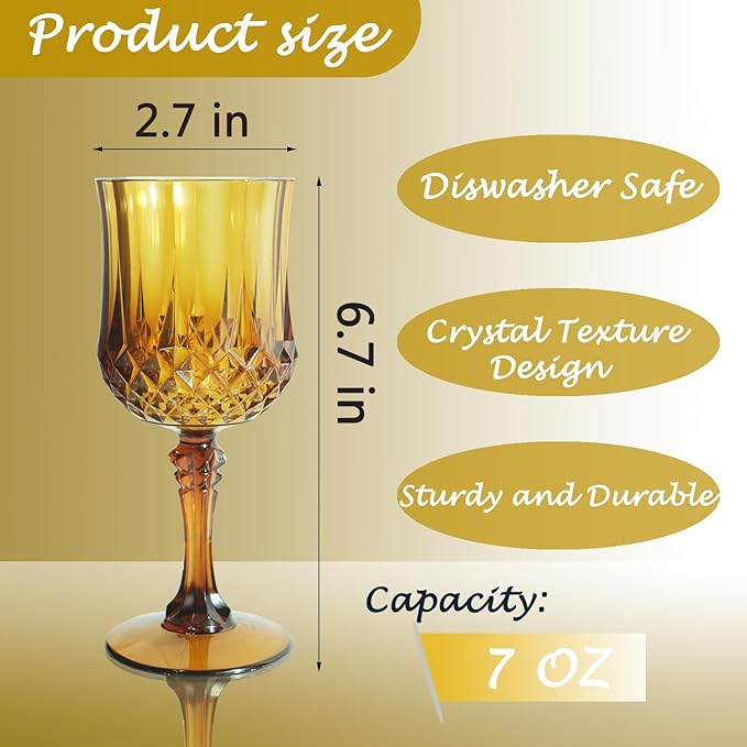 Plastic Wine Glasses, Plastic Goblets Vintage Style Cordial Unbreakable Drinking Glasses, Reusable Drinkware for Wedding Reception, Grand Event Party Supplies, Easter (24, Amber)