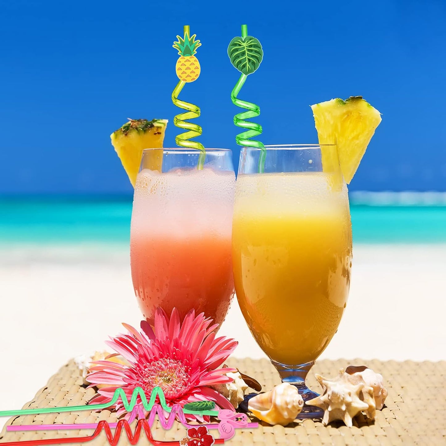 Zopeal 24 Pcs Hawaiian Reusable Plastic Straws with 2 Cleaning Brush Luau Theme Straws Flamingo Drinking Aloha Party Favors for Birthday Beach Pool Party Supplies