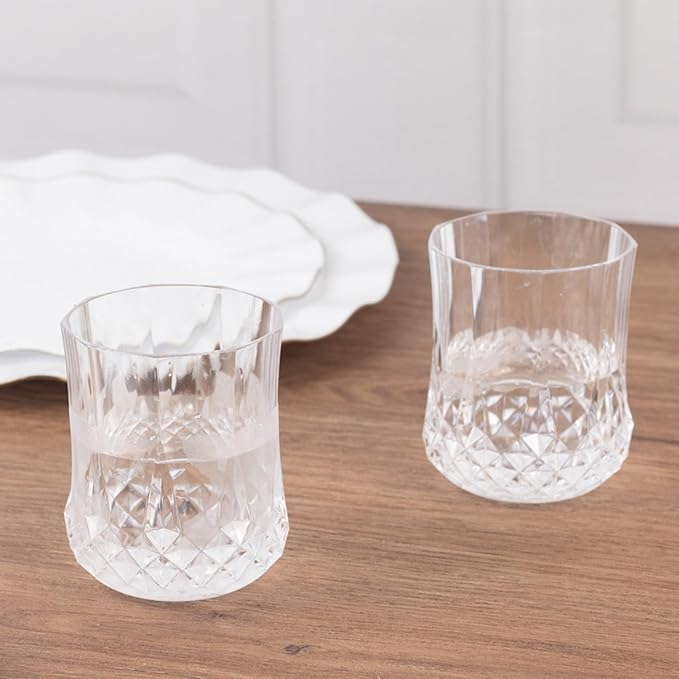 Efavormart 6 Pack Clear Crystal Cut Plastic Stemless Wine Glasses, 8oz Shatterproof Reusable All-Purpose Whiskey Cups