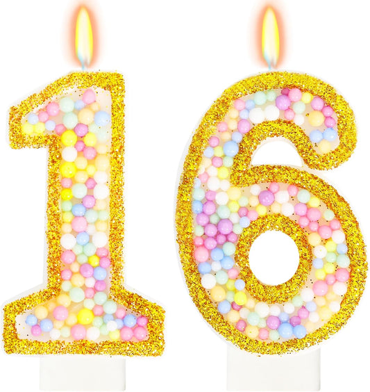 16th Birthday Candle for Cake, Colorful Macaron Numeral Candles for Boys/Girls, Birthday Party Cake Decorations, Golden Cake Topper for Birthday Party Supplies (Number 16)