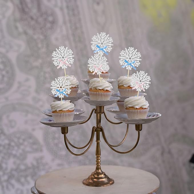 24Pcs Snowflake Cupcake Toppers Glitter Snowflake Cupcake Picks Frozen Pink Blue Bow Snowflake Gender Reveal Cake Decors Baby Shower Gender Reveal Winter Theme Christmas Party Cake Decor Supplies
