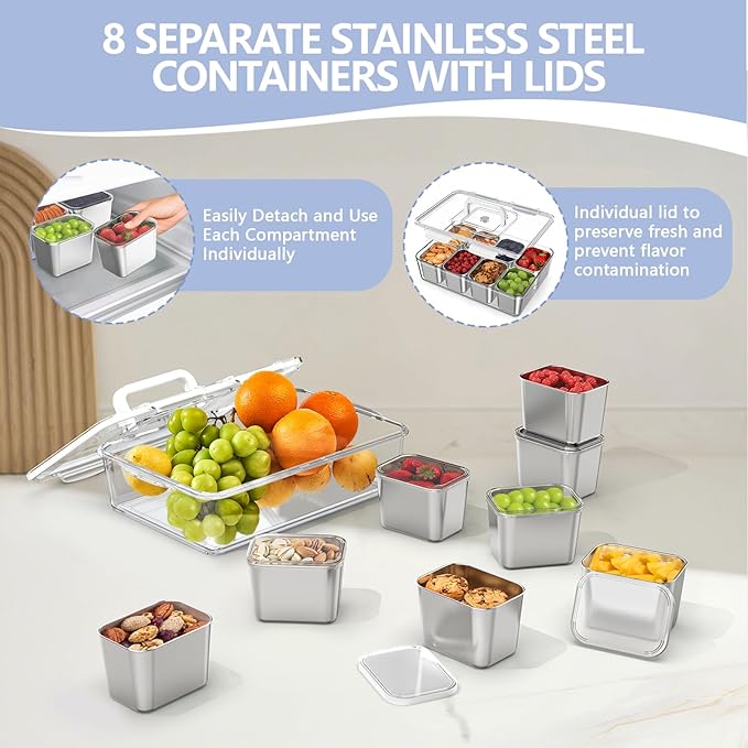 2 Pack Snackle Box Container with 8 Removable Stainless Steel Containers – Clear Divided Serving Snack Tray with Lid & Handle – Leak-Proof for Wet/Dry Food – Perfect for Parties, Travel, Office