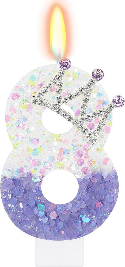 Number 8 Birthday Candle for Cake, Pink White Glitter Crown Cake Topper, Princess Birthday Party Decorations for Girls and Women Anniversary Celebrations Party Favors