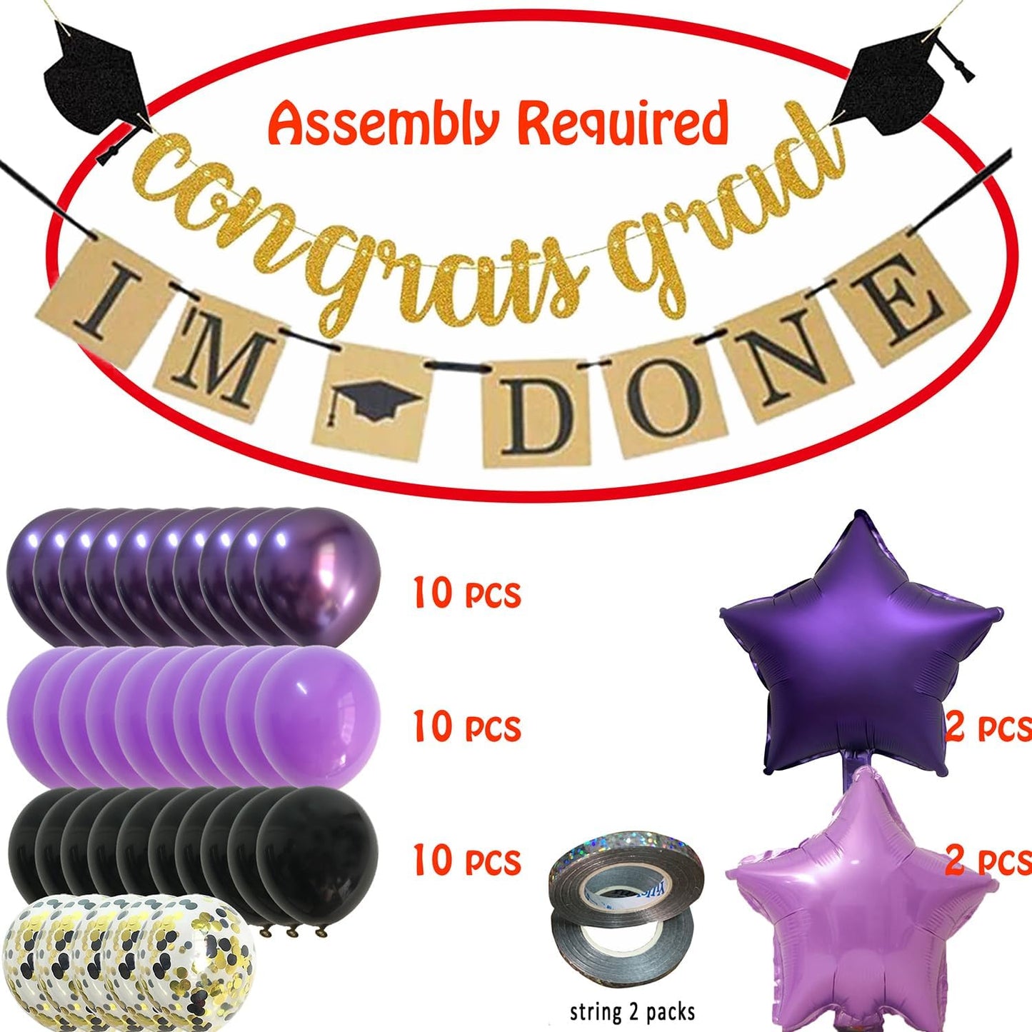 Purple Graduation Decorations – 2024 Lavender Grad Party Balloons Supplies with Black Gold Congrats Banner Decor (Black + Lavender + Purple)