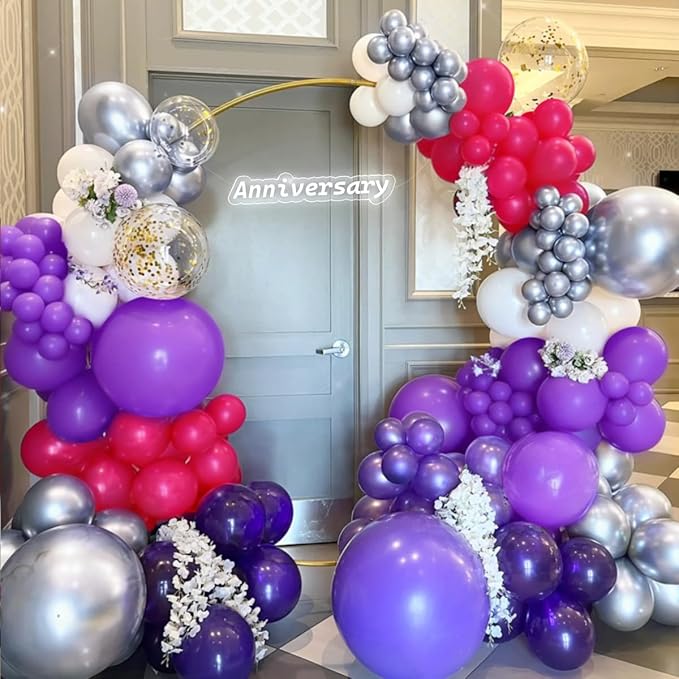 Hot Pink Purple White Silver Balloon Garland Arch Kit, 167Pcs Latex Balloons Different Sizes 18 12 10 5 inch for Women Princess Girl Birthday Bridal Baby Shower Party Decoration