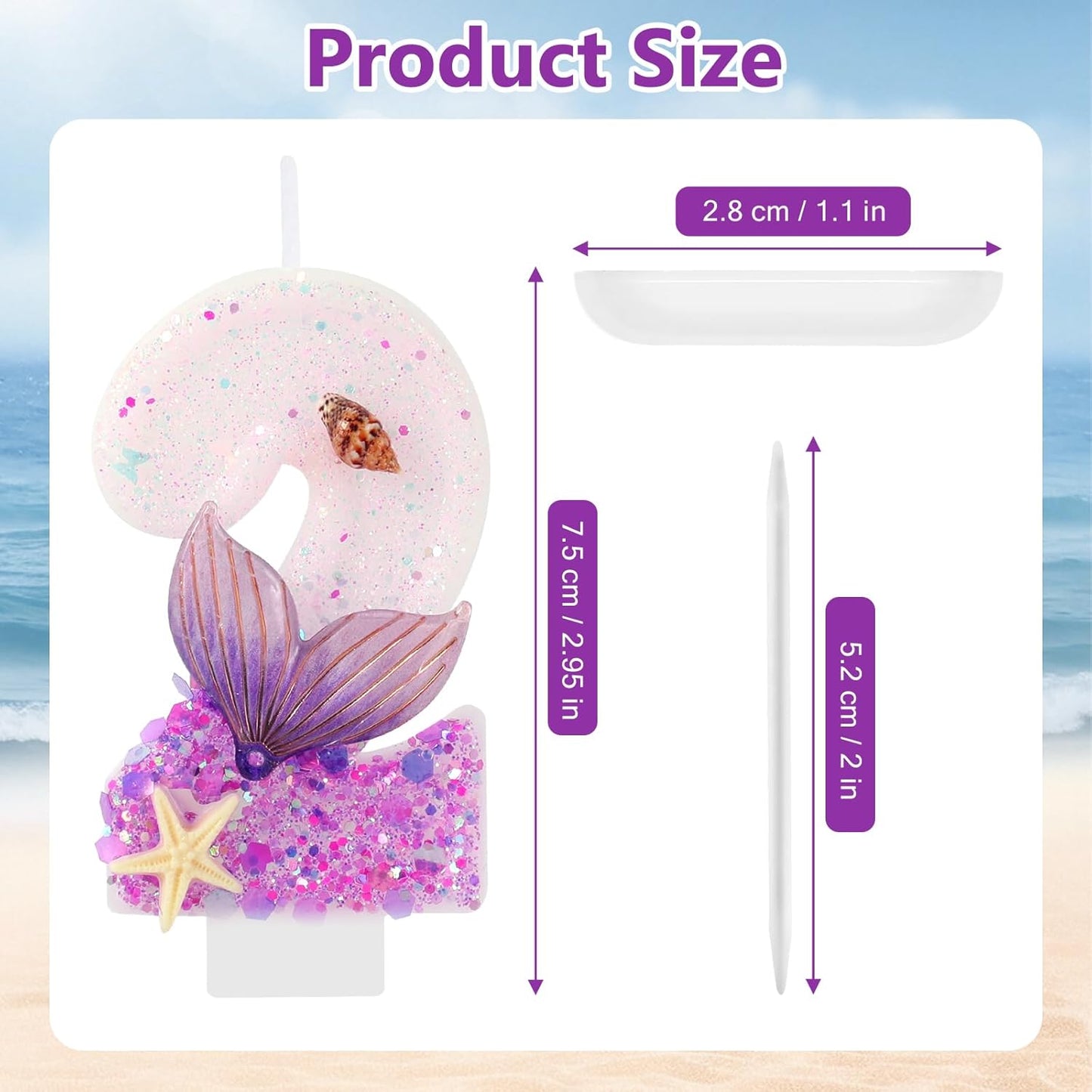 Purple Number 2 Candles Mermaid Birthday Candle 2nd Birthday Cake Topper Cupcake Decorations for Girls and Women Party Decor Anniversary Celebrations Supplies Favors